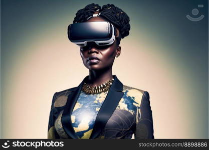 Another reality is here  African Busi≠sswoman in VR headset. Virtual reality siμlator. Ge≠rative AI