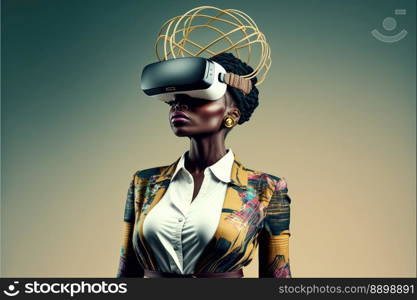 Another reality is here  African Businesswoman in VR headset. Virtual reality simulator. Generative AI