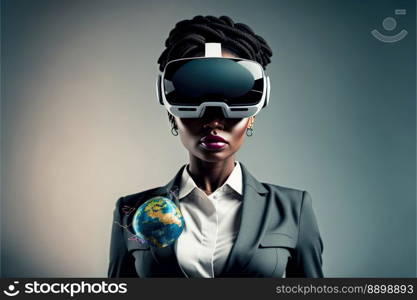 Another reality is here  African Businesswoman in VR headset. Virtual reality simulator. Generative AI