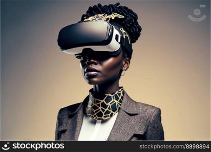 Another reality is here  African Businesswoman in VR headset. Virtual reality simulator. Generative AI