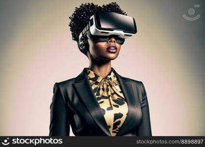 Another reality is here  African Businesswoman in VR headset. Virtual reality simulator. Generative AI