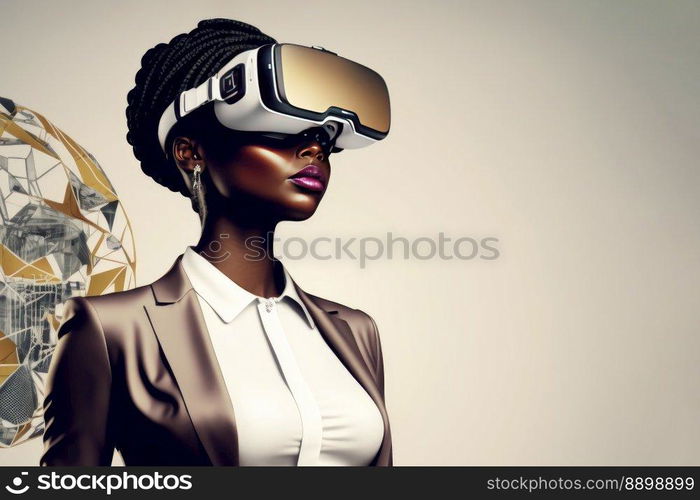 Another reality is here  African Businesswoman in VR headset. Virtual reality simulator. Generative AI