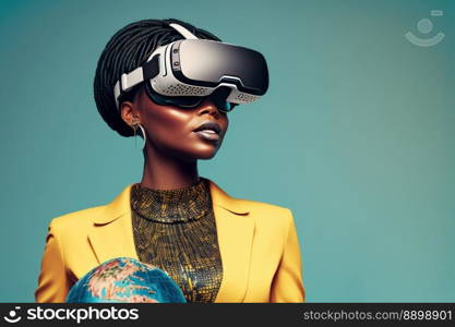 Another reality is here  African Businesswoman in VR headset. Virtual reality simulator. Generative AI