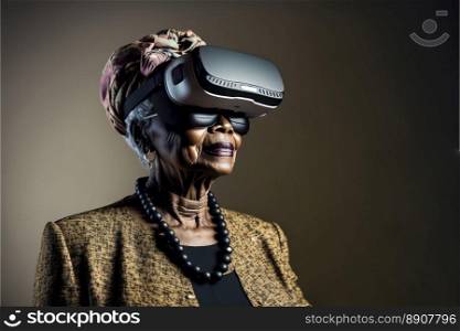 Another reality is here  African Businesswoman in VR headset. Virtual reality simulator. Generative AI