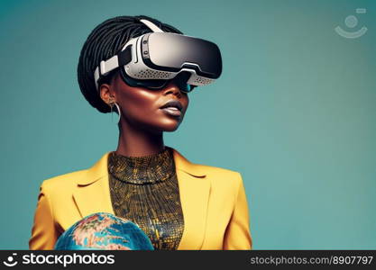 Another reality is here! African Businesswoman in VR headset. Virtual reality simulator. Generative AI