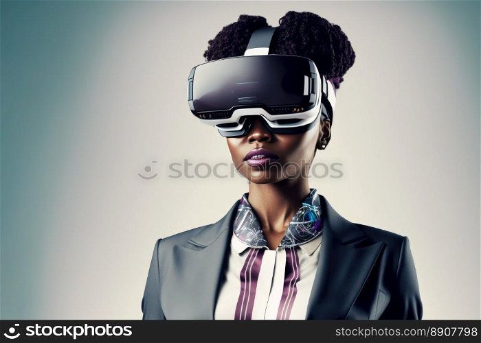 Another reality is here! African Businesswoman in VR headset. Virtual reality simulator. Generative AI