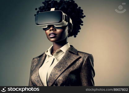 Another reality is here! African Businesswoman in VR headset. Virtual reality simulator. Generative AI