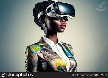 Another reality is here  African Businesswoman in VR headset. Virtual reality simulator. Generative AI