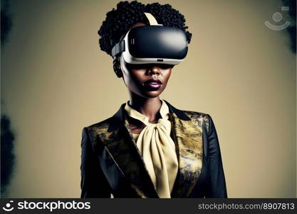 Another reality is here  African Businesswoman in VR headset. Virtual reality simulator. Generative AI