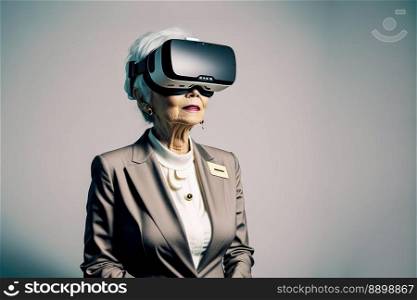 Another reality is here  Asian old Businesswoman in VR headset. Virtual reality simulator. Generative AI