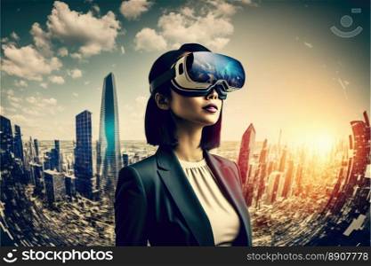 Another reality is here  Asian young Businesswoman in VR headset. Virtual reality simulator. Generative AI