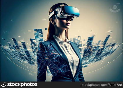 Another reality is here  Asian young Businesswoman in VR headset. Virtual reality simulator. Generative AI