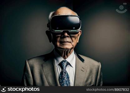 Another reality is here  Handsome old Asian man in VR headset standing against grey background. Generative AI