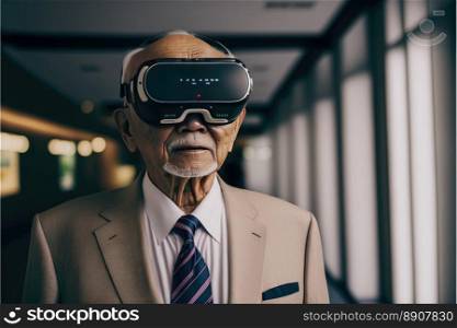 Another reality is here  Handsome old Asian man in VR headset standing in his office. Generative AI