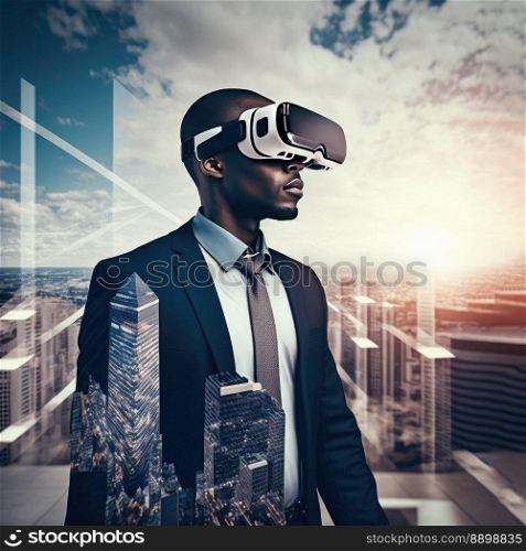 Another reality is here  Handsome young African man in VR headset standing with a city as background. Generative AI