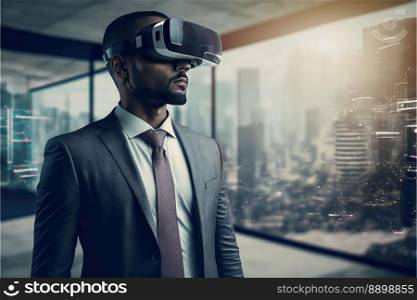 Another reality is here  Handsome young African man in VR headset standing in the office. Generative AI