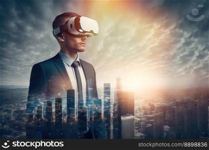 Another reality is here  Handsome young man in VR headset. Business man in the city. Generative AI