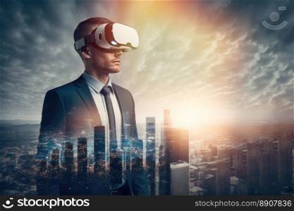 Another reality is here! Handsome young man in VR headset. Business man in the city. Generative AI