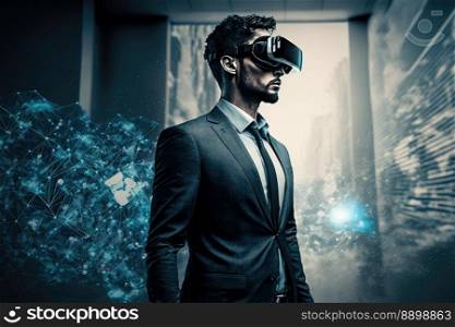 Another reality is here  Handsome young man in VR headset. Modern abstract background. Generative AI