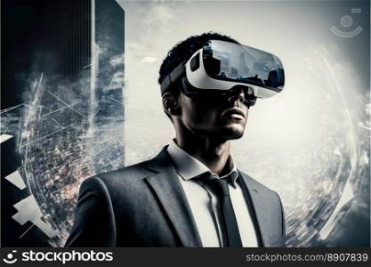 Another reality is here! Handsome young man in VR headset. Modern abstract background. Generative AI