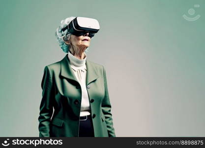 Another reality is here  Old Businesswoman in VR headset. Virtual reality simulator. Generative AI