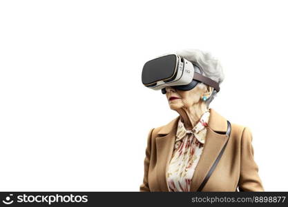 Another reality is here  Old Businesswoman in VR headset. Virtual reality simulator. Generative AI