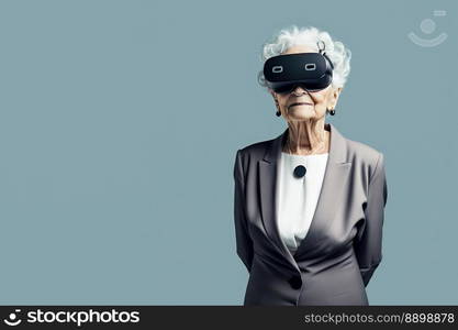 Another reality is here  Old Businesswoman in VR headset. Virtual reality simulator. Generative AI