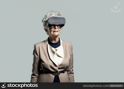 Another reality is here  Old Businesswoman in VR headset. Virtual reality simulator. Generative AI