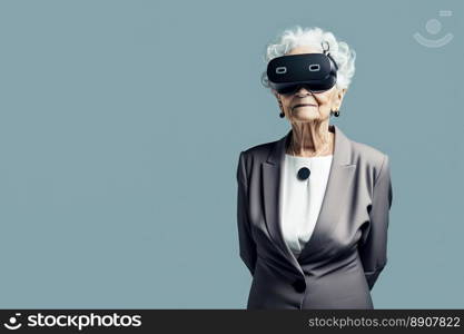 Another reality is here  Old Businesswoman in VR headset. Virtual reality simulator. Generative AI