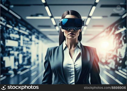 Another reality is here  Young Businesswoman in VR headset. Virtual reality simulator. Generative AI