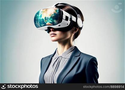 Another reality is here  Young Businesswoman in VR headset. Virtual reality simulator. Generative AI