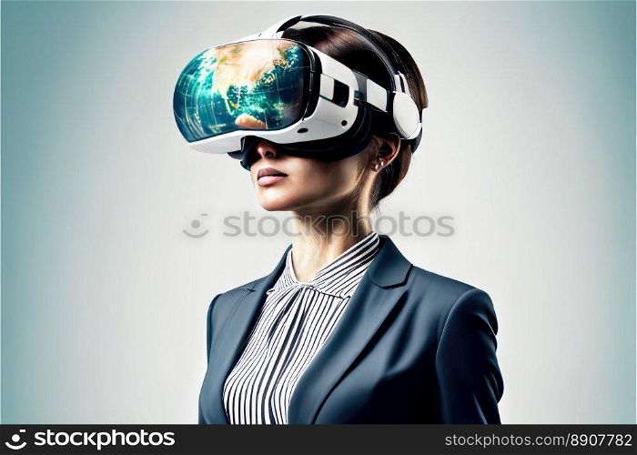 Another reality is here! Young Businesswoman in VR headset. Virtual reality simulator. Generative AI
