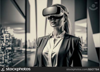 Another reality is here  Young Businesswoman in VR headset. Virtual reality simulator. Generative AI