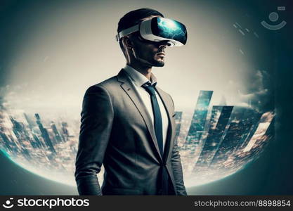 Another reality is here  Young man in VR headset. Business globalization concept. Generative AI