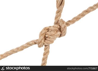 another side of hunter's bend knot joining two ropes close up isolated on white background