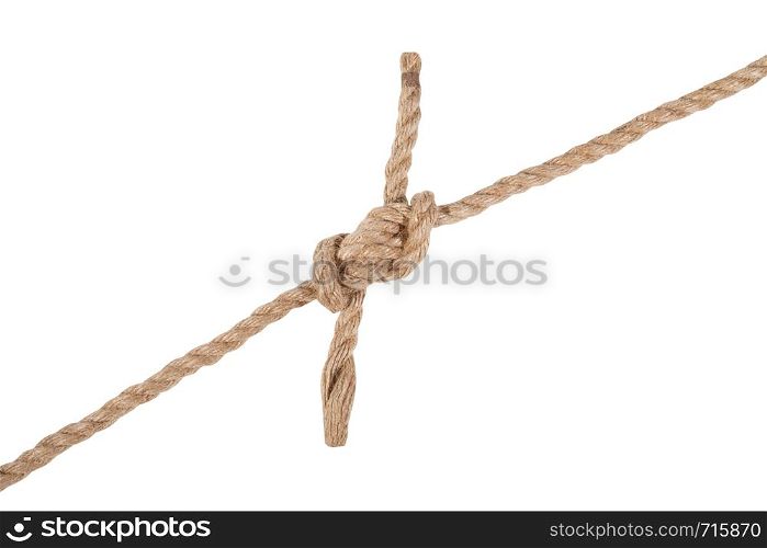 another side of hunter's bend knot joining two ropes isolated on white background