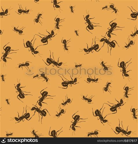 Ant Seamless Pattern on Orange Background. Insect Texture. Ant Seamless Pattern