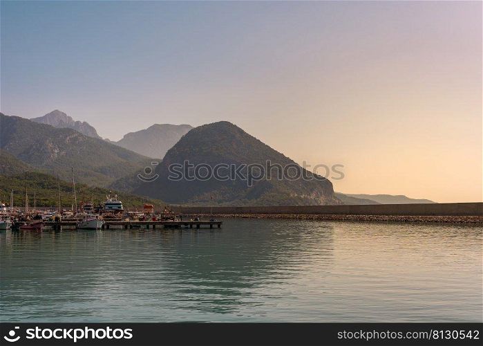 Antalya fishing shelter and marina with mountain scenery in the back