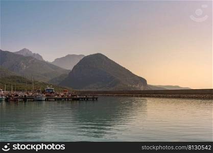 Antalya fishing shelter and marina with mountain scenery in the back