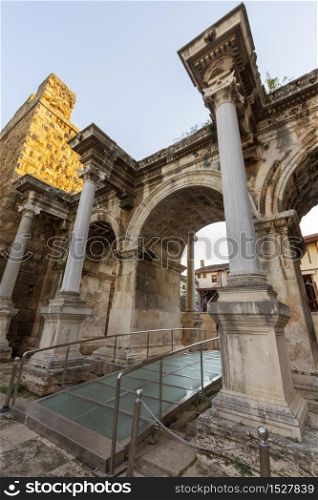 Antalya Hadrian gate ( uckapilar) historical monument from the Roman period in Turkey