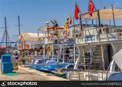 Antalya, Turkey 19.07.2021. Pleasure boats in the Roman harbor of Antalya, Turkey, on a sunny summer day. Pleasure boats in the harbor of Antalya, Turkey