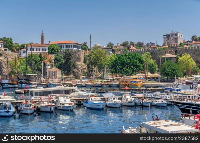 Antalya, Turkey 19.07.2021. Pleasure boats in the Roman harbor of Antalya, Turkey, on a sunny summer day. Pleasure boats in the harbor of Antalya, Turkey