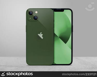 Antalya, Turkey - March 08, 2022  Newly released iphone 13 green color mockup set with back and front angles