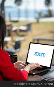 Antalya, TURKEY - March 30, 2020. Laptop showing Zoom Cloud Meetings app logo.. Zoom Cloud Meetings