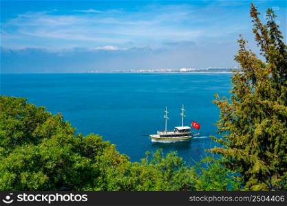 Antalya, Turkey. Sailing Ship For Sea Tours. Mediterranean landscape