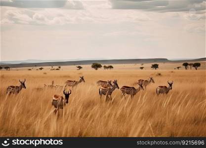 antelope grazing on the savannah, created with generative ai. antelope grazing on the savannah