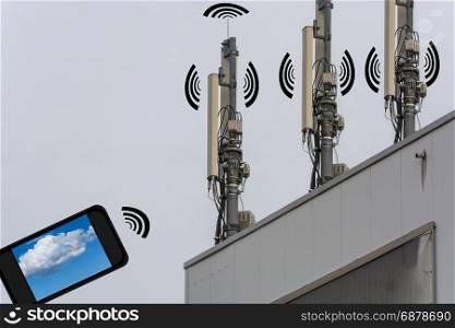 Antenna, telecommunications tower on a roof. Wireless telecommunication concept, home control by smartphone.