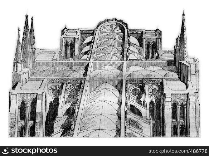 Anterior and posterior part of the cathedral of Chartres since the fire on 4 and 5 June View taken of one of the drivers, vintage engraved illustration. Magasin Pittoresque 1836.
