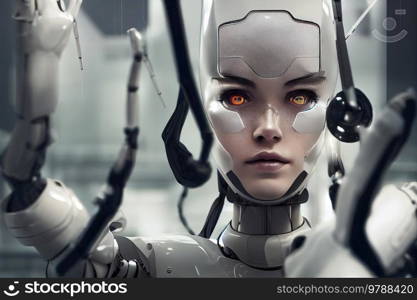 anthropomorphic robot, girl android of white porcelaine over laboratory background, illustration. Girl android portrait