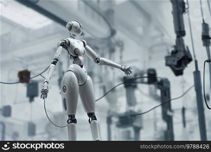 anthropomorphic robot, girl android over white laboratory background, illustration. Girl android portrait
